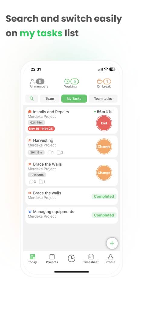 Timey – Work Management - Timey app My Tasks screen displaying project time tracking and task status