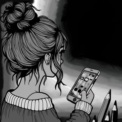 realistic girl with a messy bun and iphone