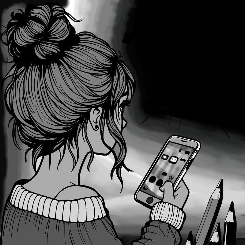 realistic girl with a messy bun and iphone