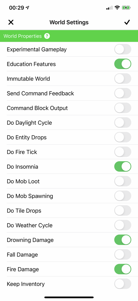 Plug Toolbox for Minecraft - Interface of Plug Toolbox for Minecraft showing a list of toggleable world properties and game rules like drowning damage and fire damage