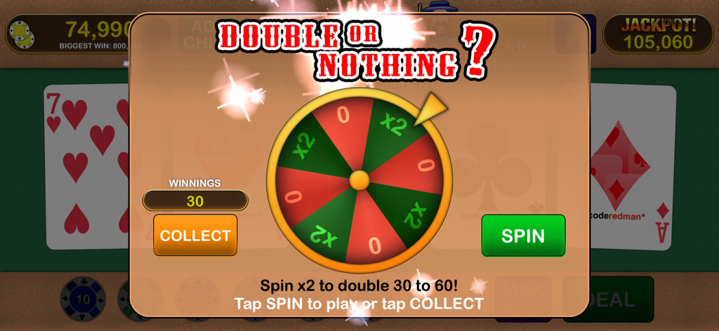 Minijuego de rueda de premios para Doble o Nada en Video Poker Jackpot.