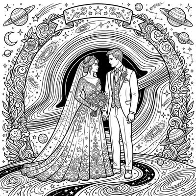 Embark on an extraordinary coloring journey with this unique wedding scene, set against the mesmerizing backdrop of an event horizon. This intricate design features a loving couple surrounded by celestial beauty, ready for your creative touch.
