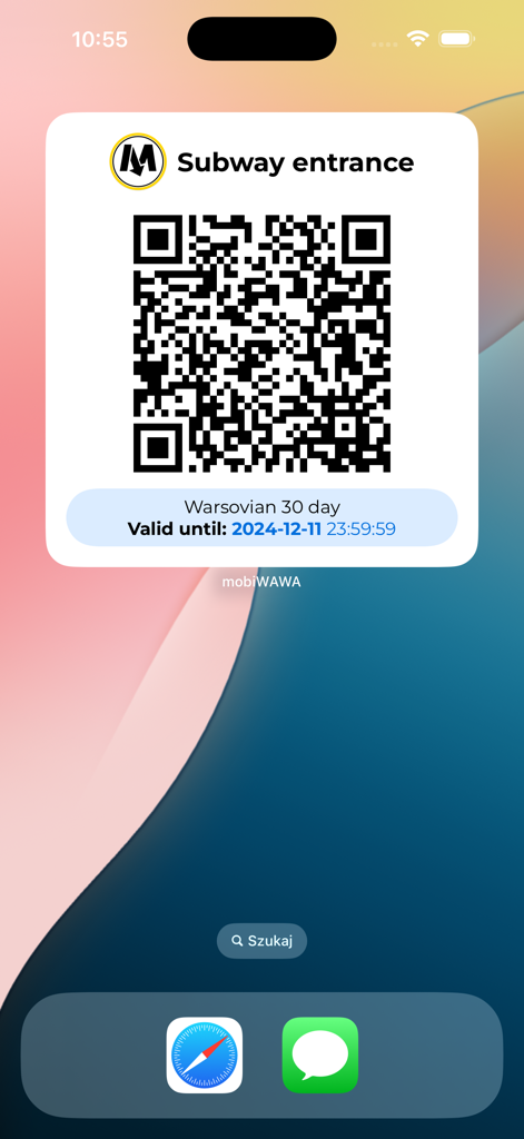 mobiWAWA app displaying a QR code for a Warsaw subway entrance ticket