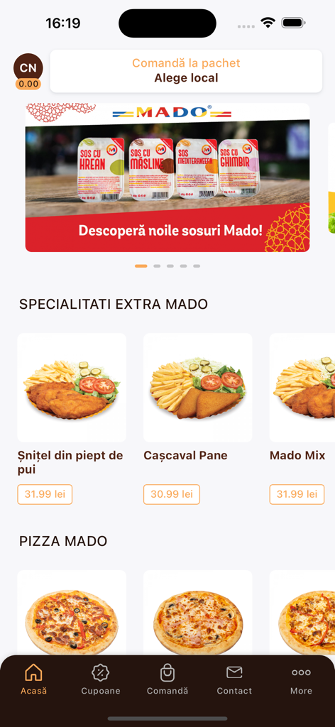 MADO Romania mobile app home screen showing food menu categories including schnitzel and pizza