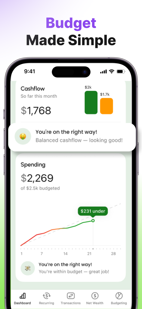 MonoBoost app dashboard showing monthly cashflow and spending tracker graph