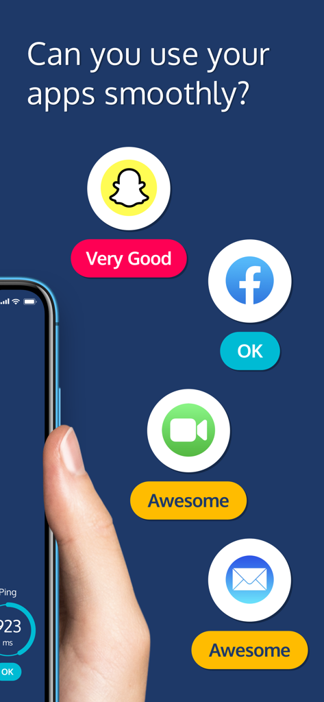 Meteor Speed Test - Ad Free - Interfaz de Meteor Speed Test que muestra cómo la conexión a Internet afecta el rendimiento de aplicaciones como Snapchat y Facebook