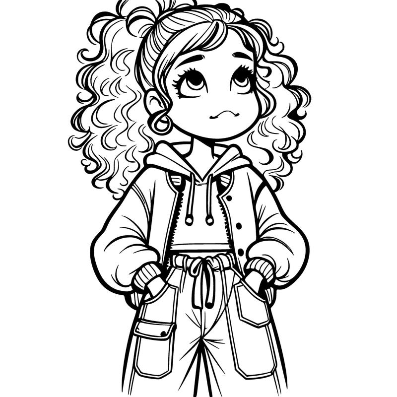 prett curly haired girl with a ponytail wearing baggy jeans and a baggy jacket looking up at the sky with her hands in her pockets