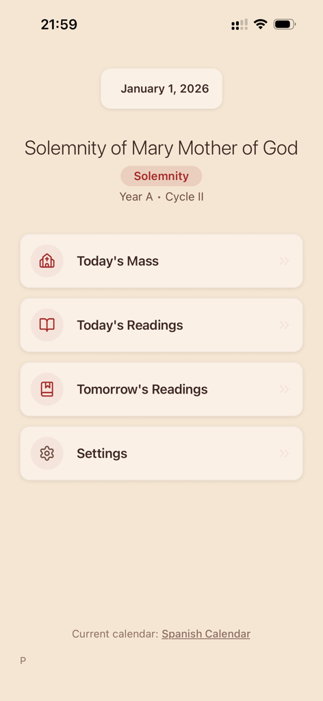 Main menu of the Live the Mass app showing daily readings and liturgical calendar options
