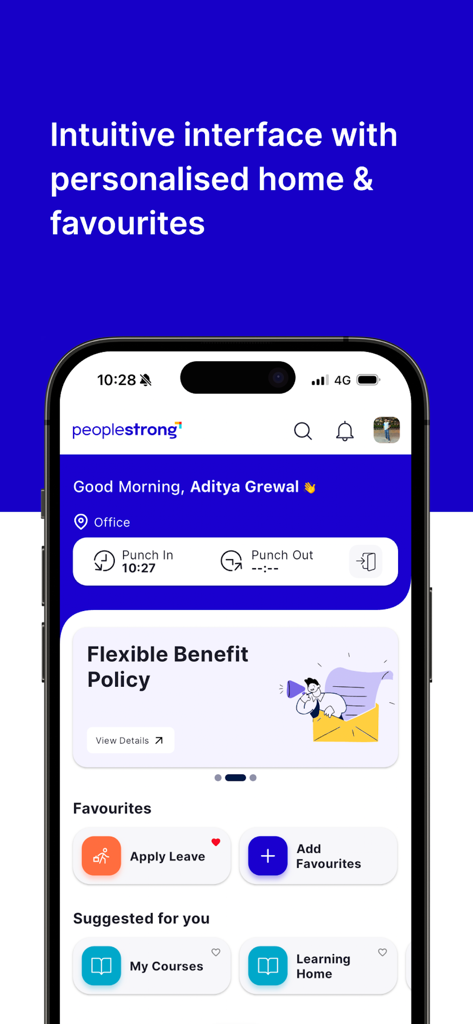 PeopleStrong - PeopleStrong mobile app home screen showing a personalized greeting, punch-in status, and favorites like Apply Leave and My Courses.