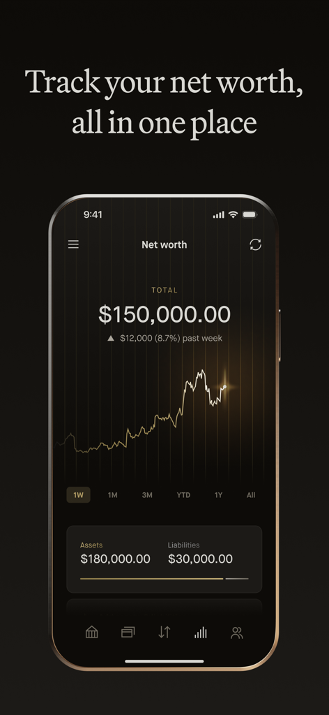 Robinhood Banking - Robinhood Bankingアプリのインターフェイスには、資産、負債、およびパフォーマンスグラフを含む純資産ダッシュボードが表示されています