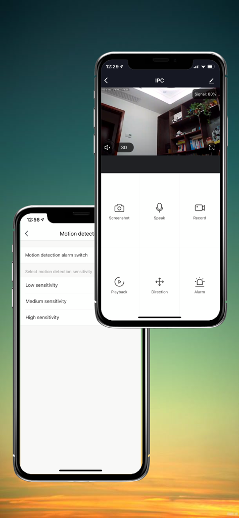 ARPHA - ARPHA app interface showing smart home security camera controls and motion detection settings on an iPhone.