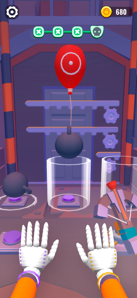 First-person gameplay of Monster Play Time showing robotic power hands solving a logic puzzle with a balloon and weights.