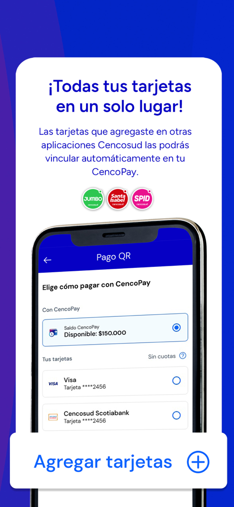 CencoPay, tu billetera digital - Pantalla de teléfono móvil que muestra la aplicación CencoPay con múltiples tarjetas de pago y opción de pago con código QR