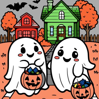 cute ghosts holding a candy filled pumpkins bucket trick or treating in a cute suburban neighborhood