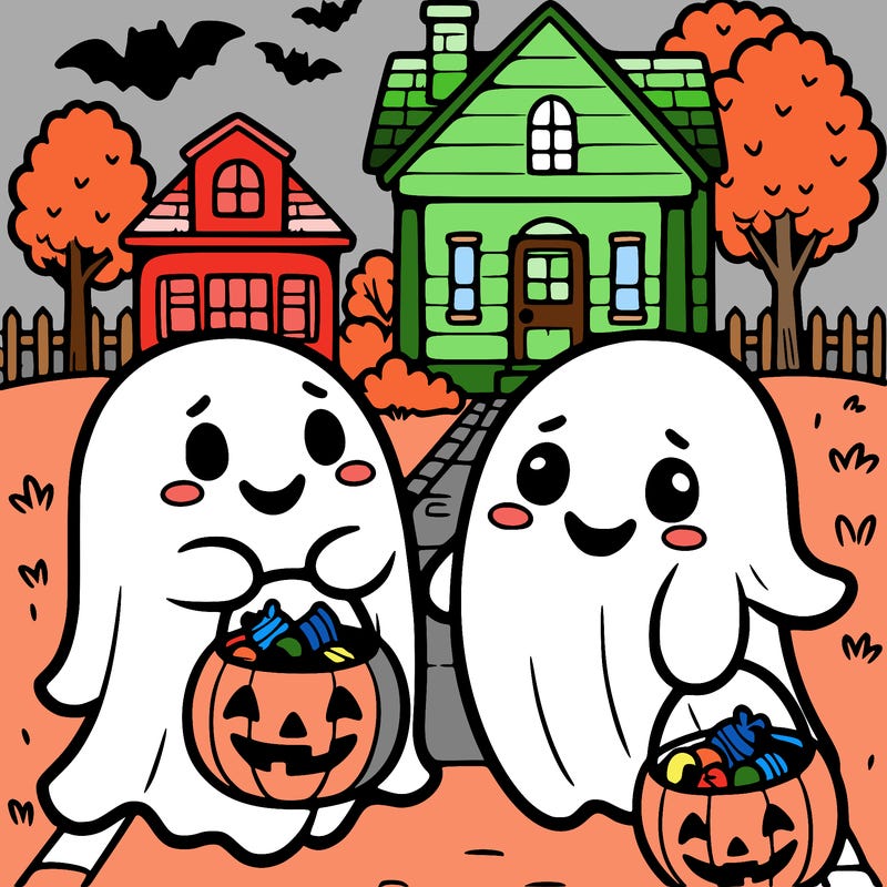 cute ghosts holding a candy filled pumpkins bucket trick or treating in a cute suburban neighborhood