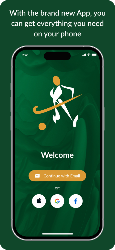 SA HOCKEY ASSOCIATION - Welcome screen of the SA Hockey Association mobile app featuring email and social login options.