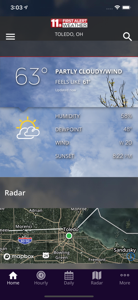 WTOL 11 Weather - WTOL 11 Weather app home screen showing current weather conditions and radar for Toledo Ohio.
