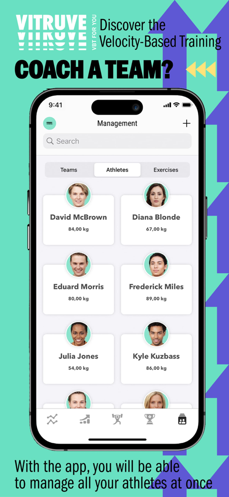 Vitruve Teams app athlete management interface showing a list of athletes with their weight details