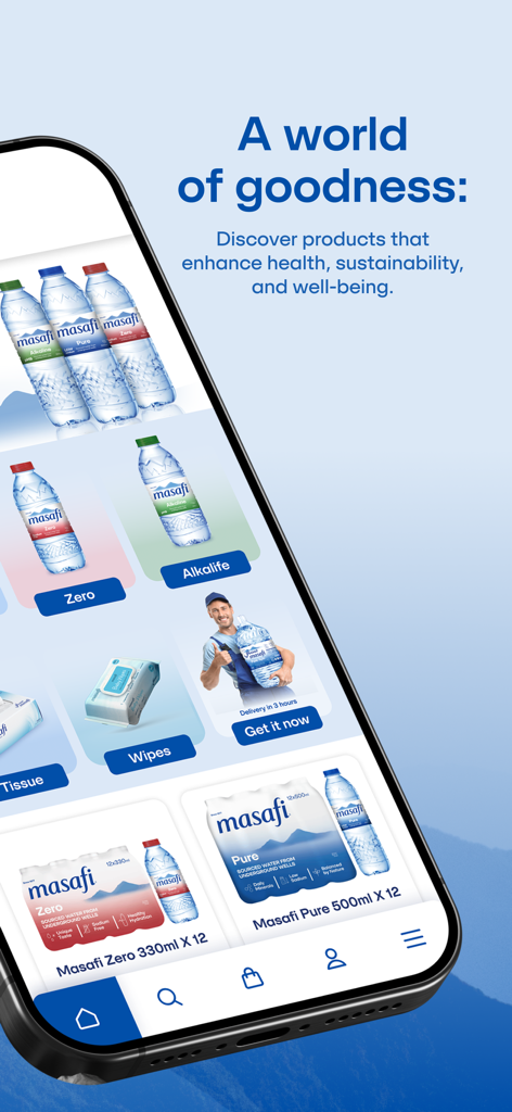 Masafi - Masafi mobile app interface displaying bottled water, tissues, and wipes with express delivery options.