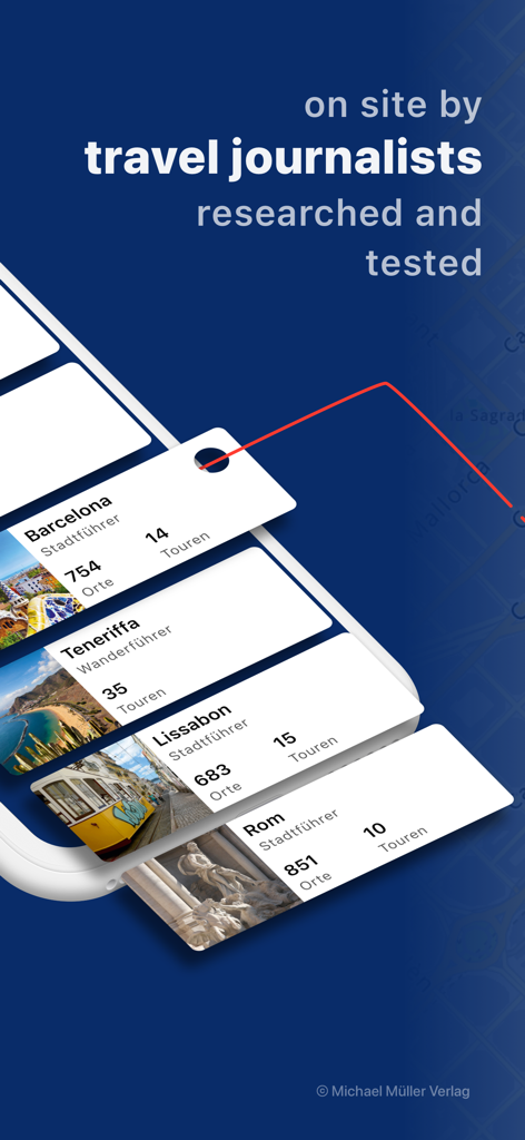 mmTravel travel guide explorer - mmTravel App-Oberfläche mit Stadtführern für Barcelona und Rom, recherchiert von Reisejournalisten