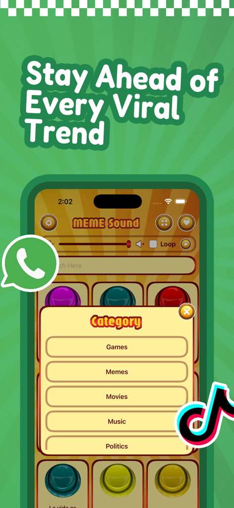 Meme Soundboard mostrando categorias de sons virais e opções de compartilhamento em mídias sociais