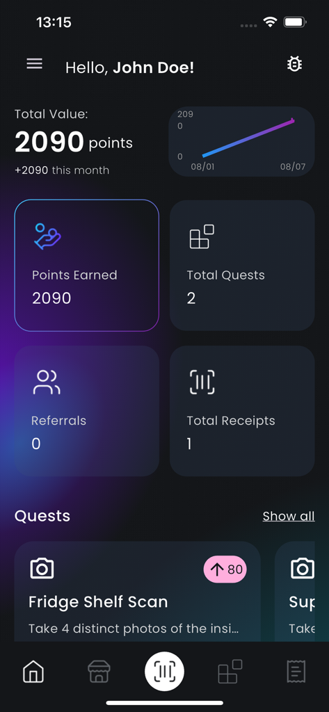 Scannit Network (Beta) - A screenshot of the Scannit app dashboard showing earned points and available quests