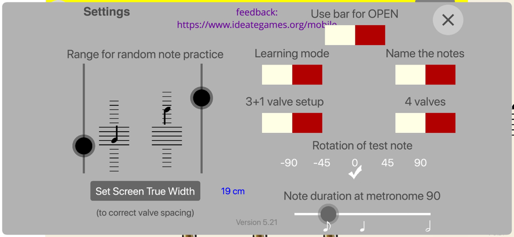 Brass Up! - Brass Up 앱 설정 메뉴, 연습 범위 옵션 및 밸브 구성 표시