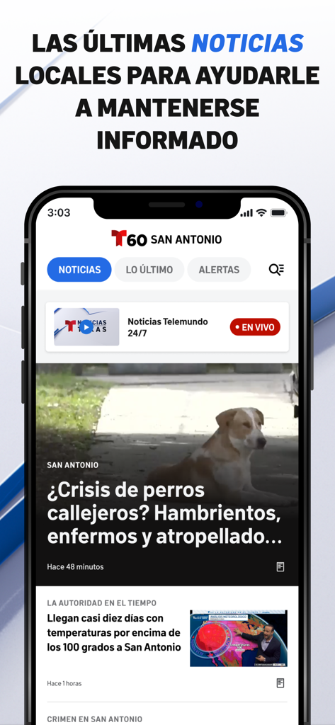 Telemundo 60 San Antonio - Telemundo 60 San Antonio mobile app interface showing local news headlines and weather alerts in Spanish
