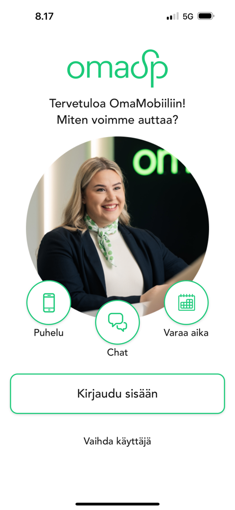 Écran d'accueil de l'application de banque mobile OmaMobiili avec bouton de connexion et options d'assistance client