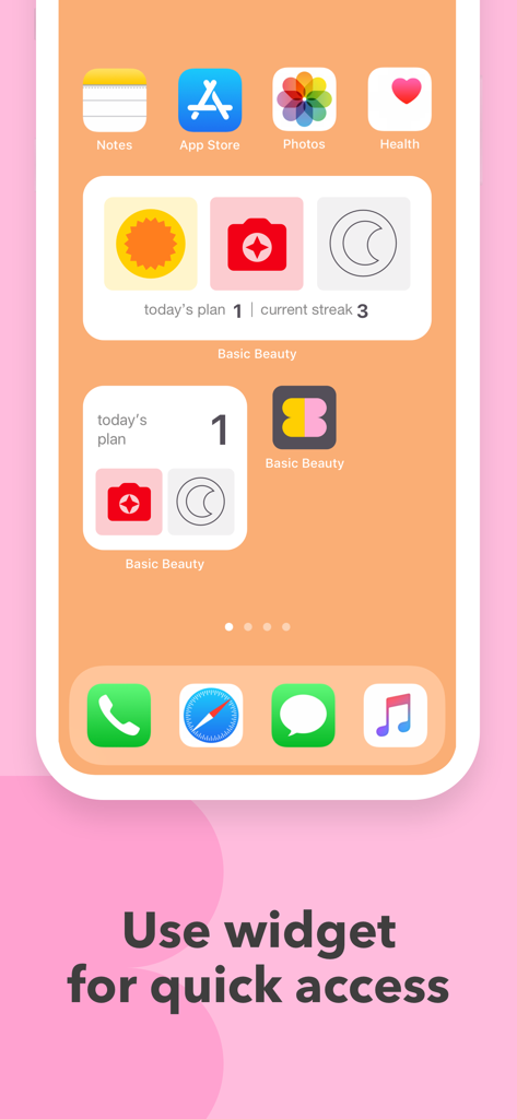 Skincare Routine: BasicBeauty - iPhone home screen showing skincare routine widgets with morning and evening plans and current habit streak