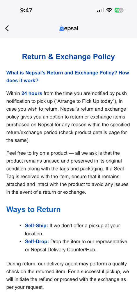 The return and exchange policy page of the NEPSAL app outlining conditions and methods for returning items.