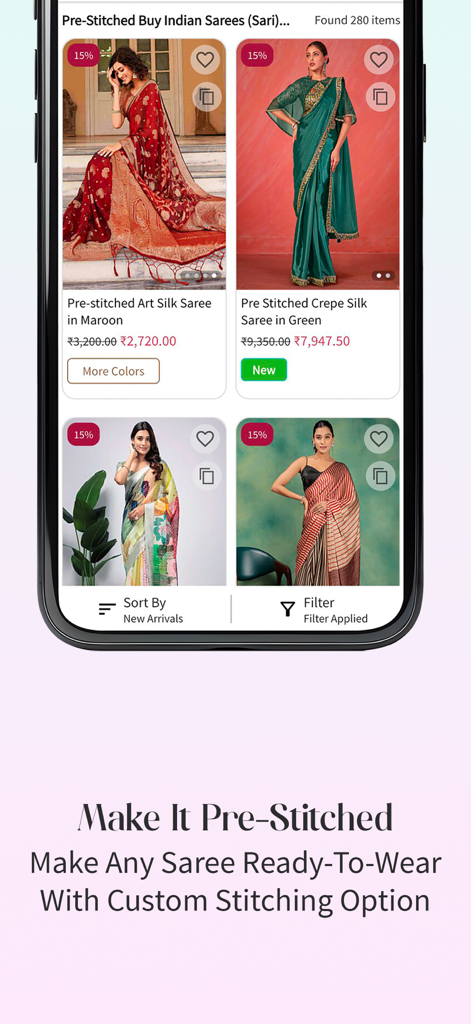 Interface do aplicativo móvel Utsav Fashion mostrando uma variedade de sarees indianos pré-costurados com opções de costura personalizadas.