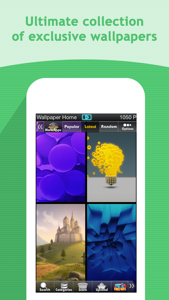 3D Wallpapers Backgrounds - 3D壁紙・背景アプリのホーム画面。抽象的なデザインやファンタジーの城を含む、限定壁紙のコレクションを表示しています。
