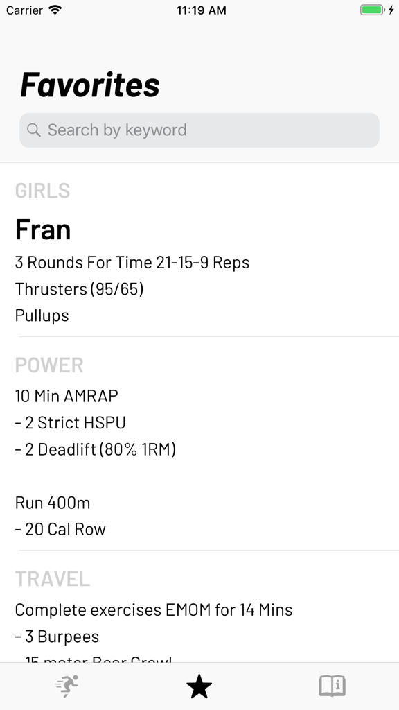 Random WOD Generator app favorites screen showing a list of saved functional fitness workouts like Fran and AMRAP.