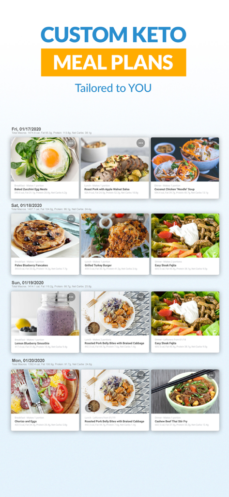 Total Keto Diet: Low Carb App - A display of personalized daily keto meal plans with nutritional macros and food photos in the Total Keto Diet app.