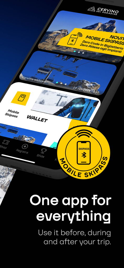 Interfaccia dell'app mobile Cervino Ski Paradise che mostra il pass sciistico digitale e le funzionalità del portafoglio su uno schermo di smartphone