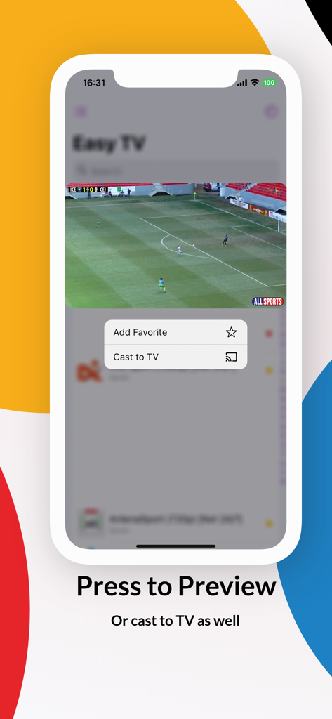 Easy TV - Watch IPTV - Easy TV app displaying a live sports preview with casting and favorite options