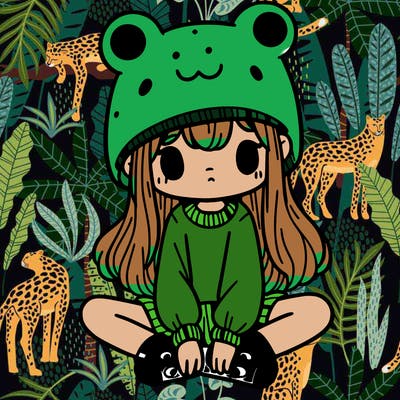 a girl wearing a frog hat and some frog socks