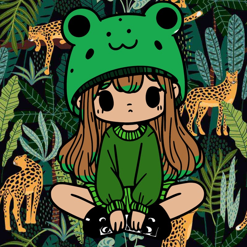a girl wearing a frog hat and some frog socks