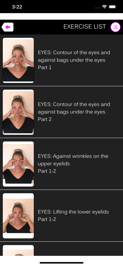 Interfaccia che mostra un elenco di esercizi facciali per gli occhi con foto guida illustrative
