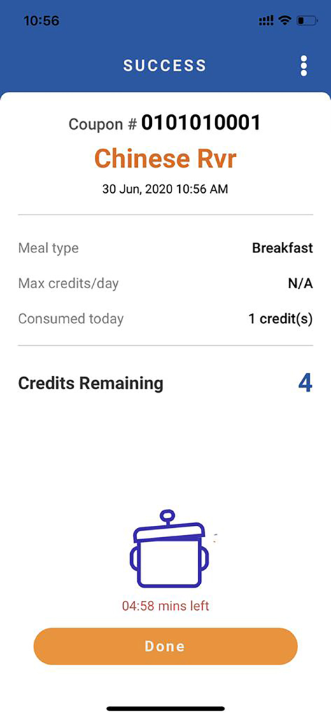 Success screen of the NUS Hostel Dining app showing a meal transaction confirmation and remaining credits balance.