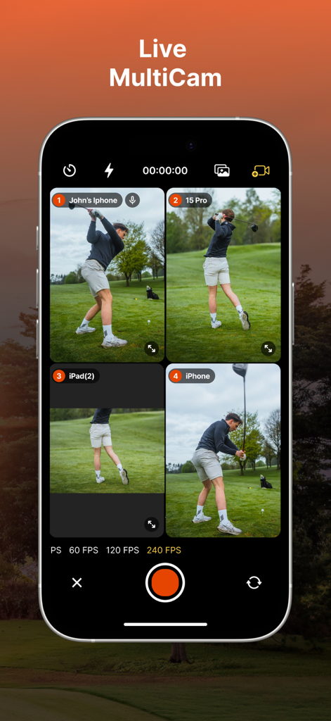 CoachNow: Sports Coaching App - CoachNow app showing live multicam recording of a golf swing from four different camera angles