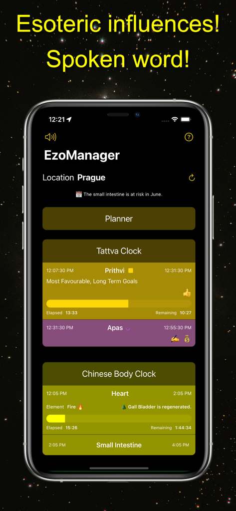EzoManager – esoteric planner - EzoManager app interface displaying Tattva Clock and Chinese Body Clock information