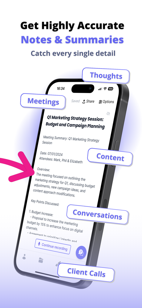 Talknotes app screen showing an AI-generated meeting summary for a marketing strategy session with key points and action items.