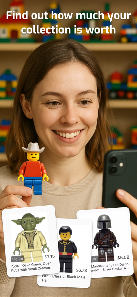 BrickScan: AI Minifig Scanner - A woman using the BrickScan app to identify and value a LEGO minifigure collection