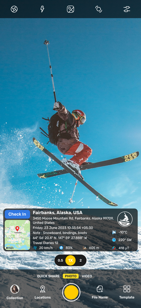 GPS Map Camera : Geo Photos - Interface de l'application GPS Map Camera montrant une photo géolocalisée d'un skieur en Alaska avec des tampons de données de localisation et de météo.