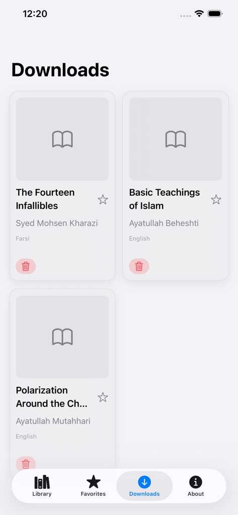 Shia Library - Downloads screen of the Shia Library app showing a list of downloaded books including Islamic teachings and history.