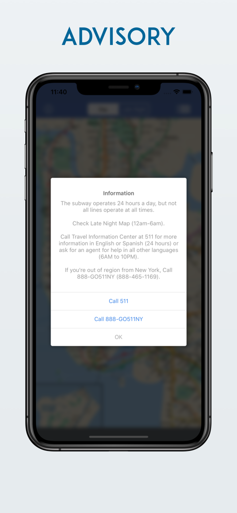 Un écran consultatif sur l'application New York Subway Map fournissant des détails sur le fonctionnement du métro et les numéros de contact d'urgence.