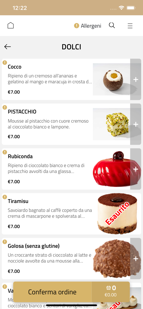 Menu di dessert gourmet sull'app mobile Found Restaurant con opzioni senza glutine e prezzi