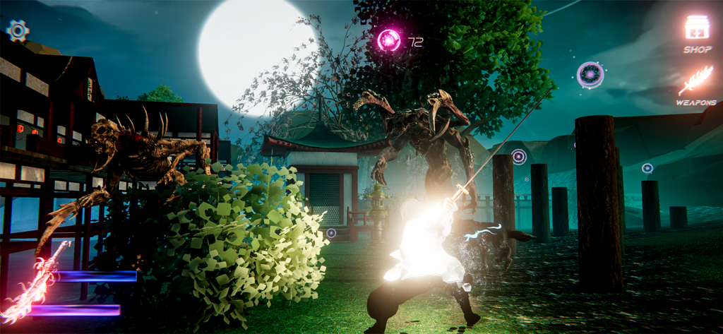 Demon RPG God. Hunter Blade 3D - A ninja warrior with a glowing blade fighting a skeletal demon monster in a moonlit Japanese garden